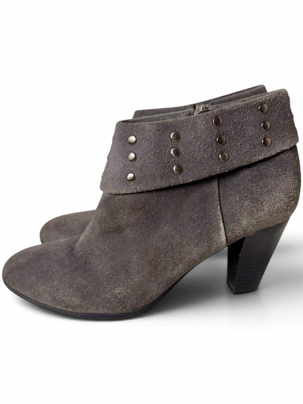 Connie Carmen Suede Studded Heeled Ankle Boots Gray 8.5